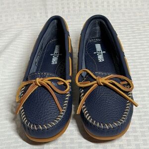 Minnetonka Dark Blue Moccasins with Light Brown Trim